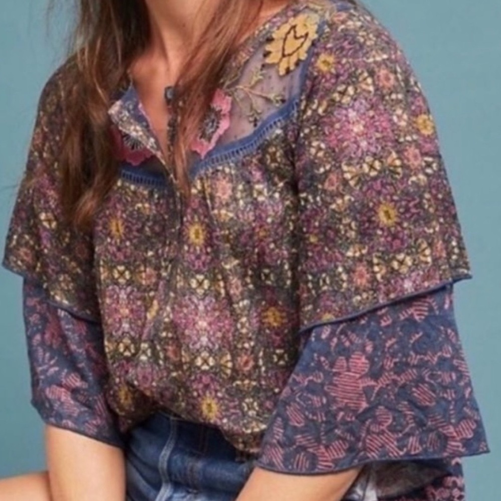 Anthropology Ciutadella Floral Embroidered Top Vwry Unique Size Medium